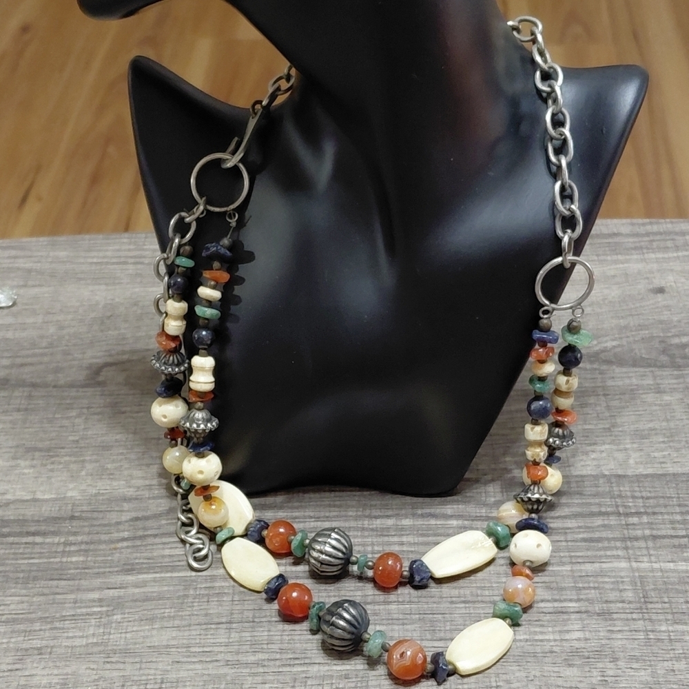 Boho Multi-Strand Beaded Statement Necklace | Silver-Tone Chain | Earthy Tones
